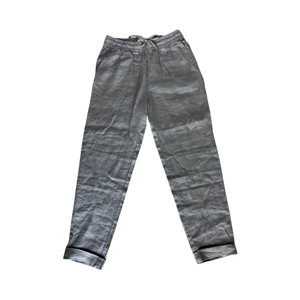 H&M Linen Drawstring Elastic Waist Pants Size 4 Army Green Boho Coastal Casual